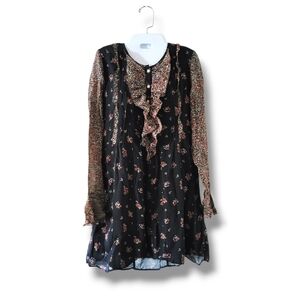Joie | Cute Black/Multicolor Floral Ruffle Trim Long Sleeve Silk Blend Dress